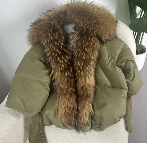 Olive down with fox fur puffer