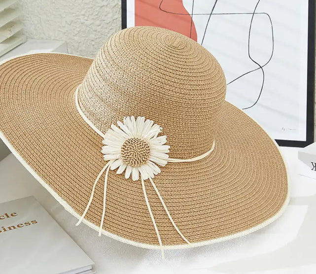 Floppy straw hat sunflower trim – Wonnaful - Main Image