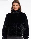 Black faux fur jacket - leather trim detail