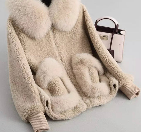 Khaki coat-  Fox Fur hood and pockets
