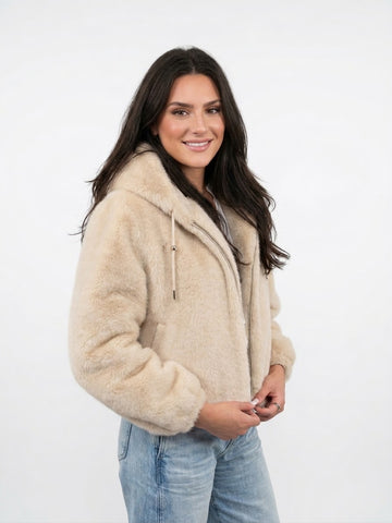 Faux fur hooded jacket cream - large