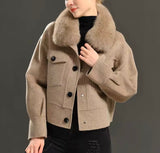 Oat wool/cashmere moto coat with fox fur collar