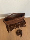 Suede fringe top handle clutch/cossbody bag