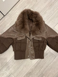 Short puffer with fox fur and vegan trim - brown jacket