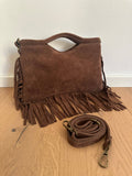 Suede fringe top handle clutch/cossbody bag