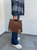 Suede fringe top handle clutch/cossbody bag