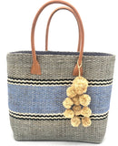 Blue sisal basket bag - with pom