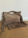 Suede fringe top handle clutch/cossbody bag