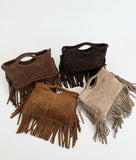 Suede fringe top handle clutch/cossbody bag