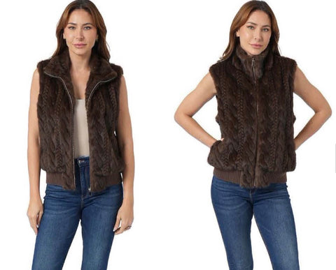 Chocolate faux fur cable vest jacket