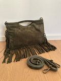 Suede fringe top handle clutch/cossbody bag