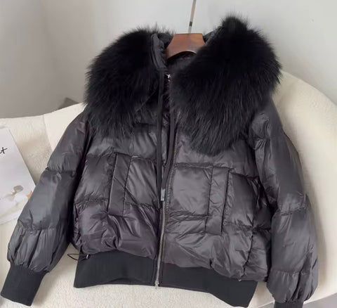 Black short puffer jacket