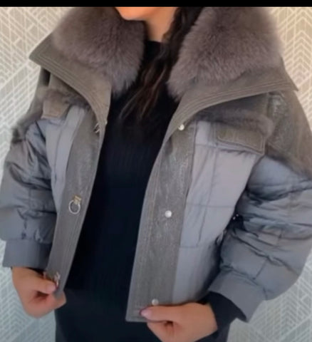 Grey puffer jacket rabbit fur and Vegan leather trim