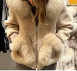 Khaki coat-  Fox Fur hood and pockets