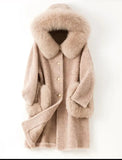 Women’s knee length fox fur hooded jacket