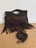 Suede fringe top handle clutch/cossbody bag