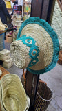 Moroccan Beach Straw Hat with tribal pattern ＆ tread frings