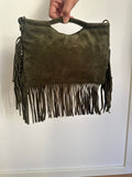 Suede fringe top handle clutch/cossbody bag