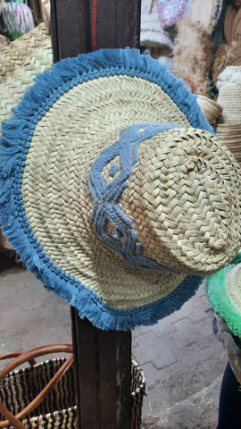 Moroccan Beach Straw Hat with tribal pattern ＆ tread frings