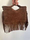 Suede fringe top handle clutch/cossbody bag