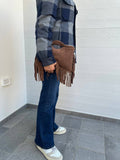Suede fringe top handle clutch/cossbody bag