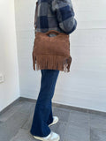 Suede fringe top handle clutch/cossbody bag
