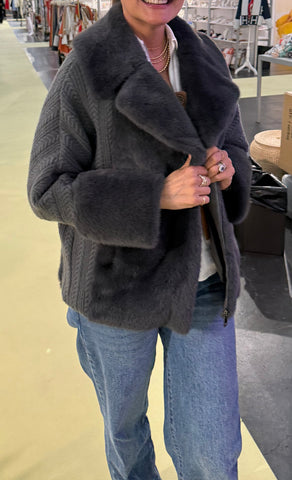 Faux fur grey with cable knit jacket