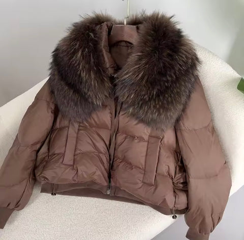 Short down puffer with fur collar - brown