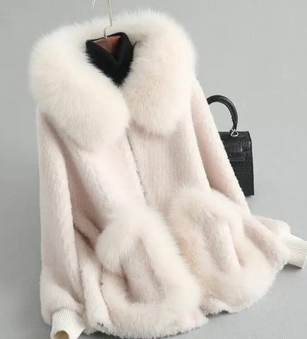 Winter white fox fur hooded jacket with fur pockets