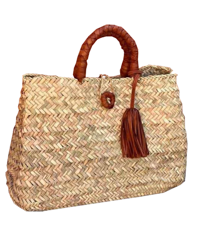 Moroccan leather handles straw bag with leather tassels
