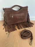 Suede fringe top handle clutch/cossbody bag