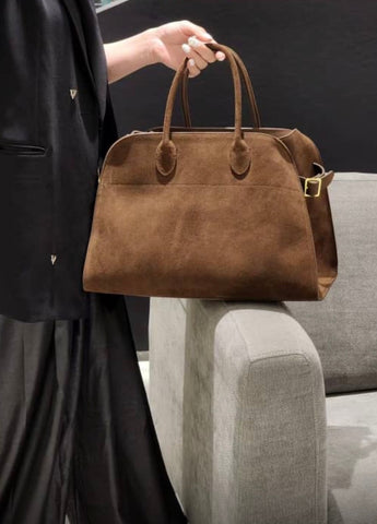 Small suede top handle tote handbag - espresso