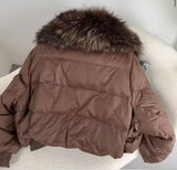 Short down puffer with fur collar - brown
