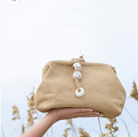 Canvas khaki clutch with stone wrapped flap