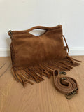 Suede fringe top handle clutch/cossbody bag