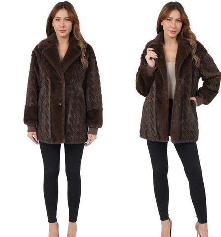 Long cable chocolate faux fur jacket