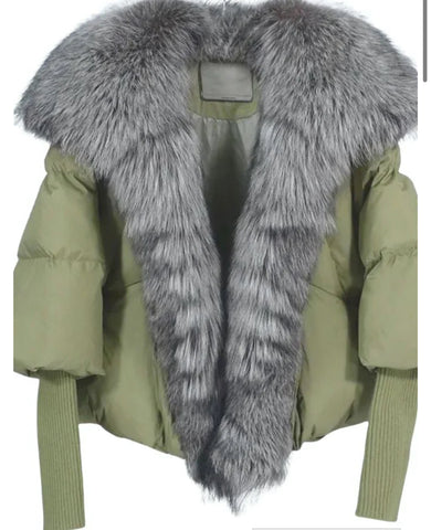 Olive fox fur puffer jacket  - silver fox