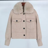 Oat wool/cashmere moto coat with fox fur collar