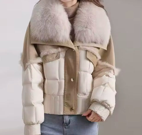 Cream puffer jacket vegan trim