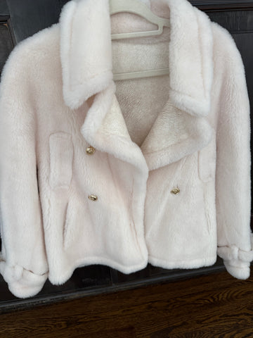 White wool gold button moto jacket