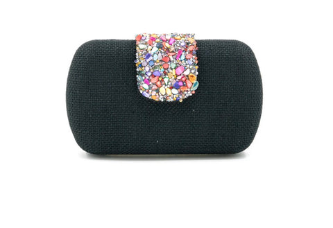 Black straw clutch rainbow stone detail