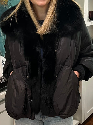 Black goose puffer - with black fox fur