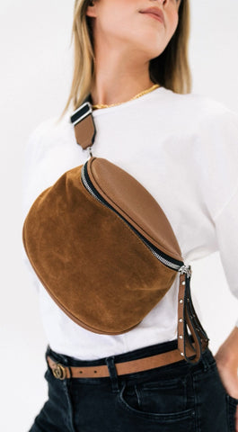 Faux suede sling bag