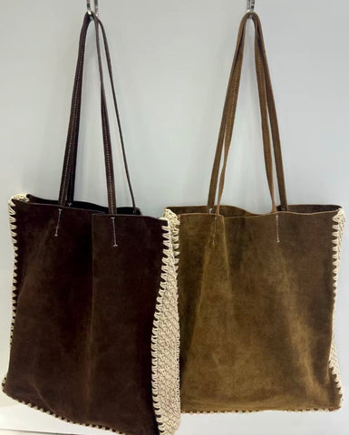 Suede and crochet tote -chocolate