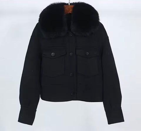 Black Wool cashmere jacket - fur collar