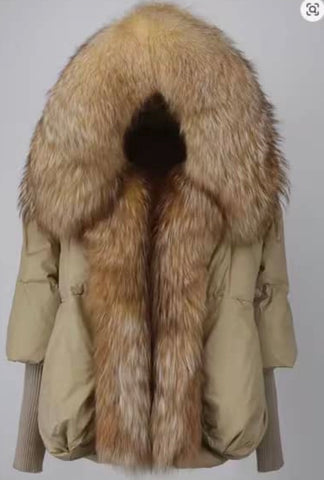 Khaki hooded puffer jacket gold fox fur