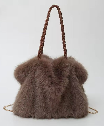 Faux fur tote with braided straps
