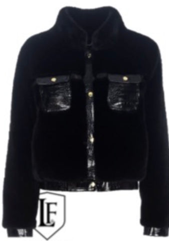 Faux Fur Jacket with Crocodile Leather Details -  black