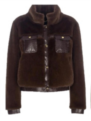 Faux Fur Jacket with Crocodile Leather Details - chocolate