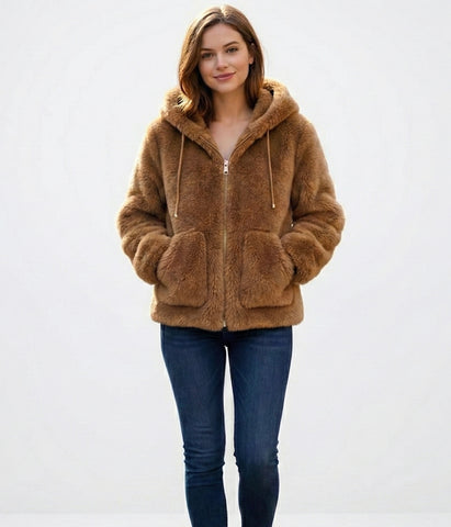 Camel Hooded Sherpa Jacket